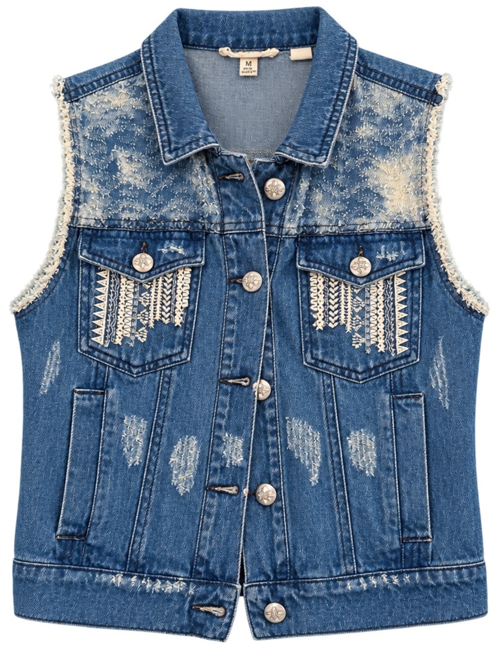 Miss Me Blue Denim Vest with Cream Crochet Accents